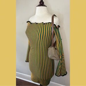 Striped Off-Shoulder Bell Sleeve Dress in Green and Yellow